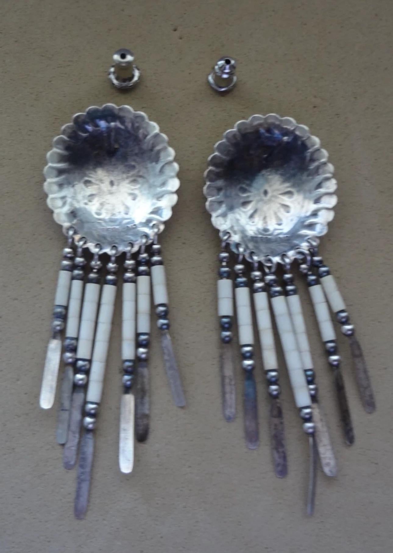 Native American Hammered Sterling Silver Earrings with White Beaded Tassels