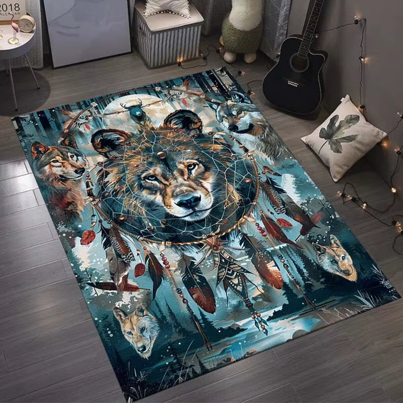 Dream Catcher Wolf Area Rug Polyester, Non-Slip Carpet Chair Mats for Office and Home, Indian Wolf Spider Pattern, Versat