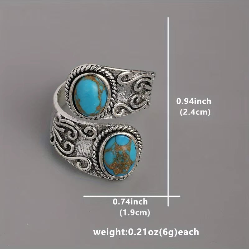 Vintage Wrap Ring Silver Plated Delicate Carving on the Surface Inlaid Turquoise Boho Style Jewelry Match Daily Outfits