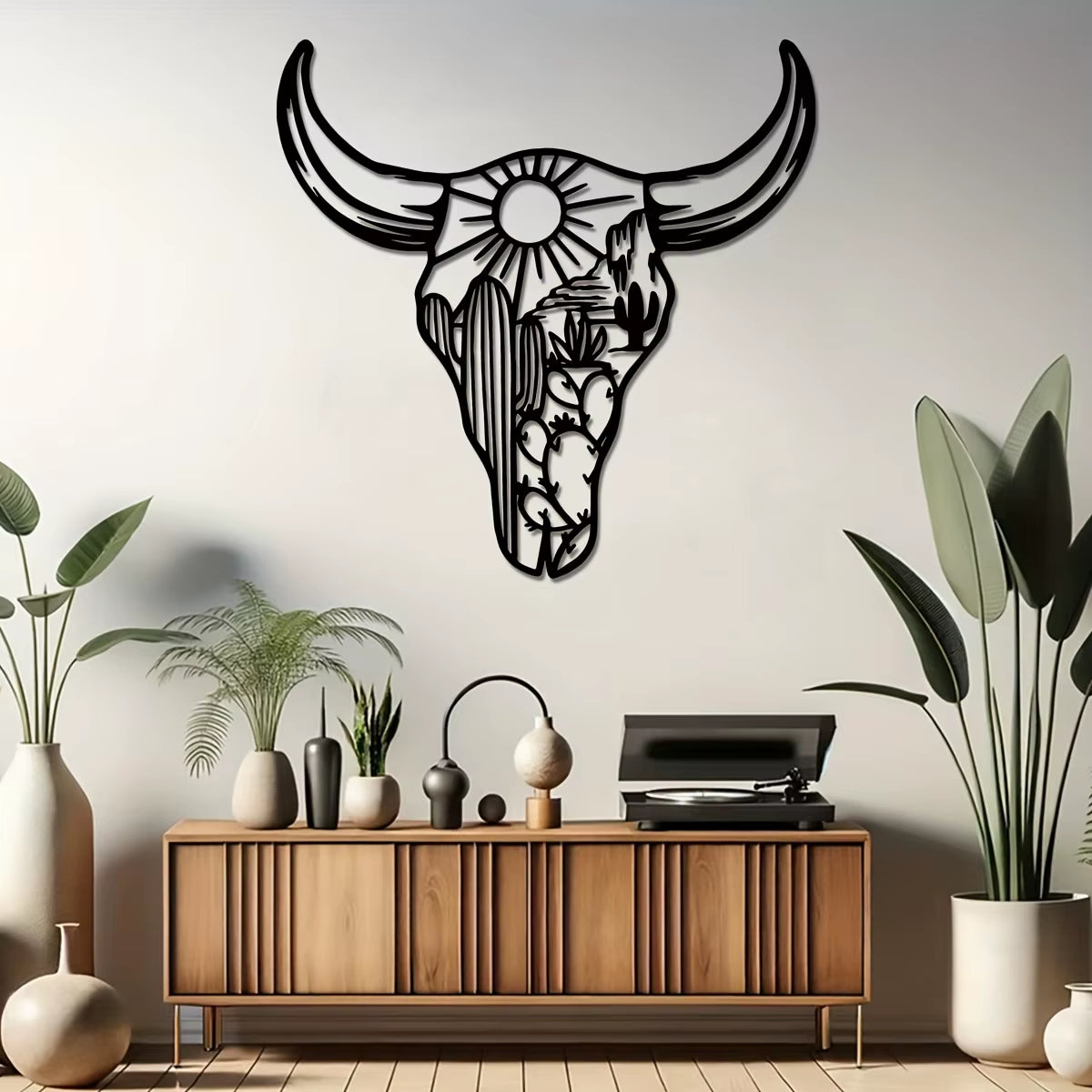 1Pc Decorative Bull Skull Metal Wall Sculpture – Bohemian Long-Horned Water Buffalo Wall Décor, Floral Desert Wall Hanging
