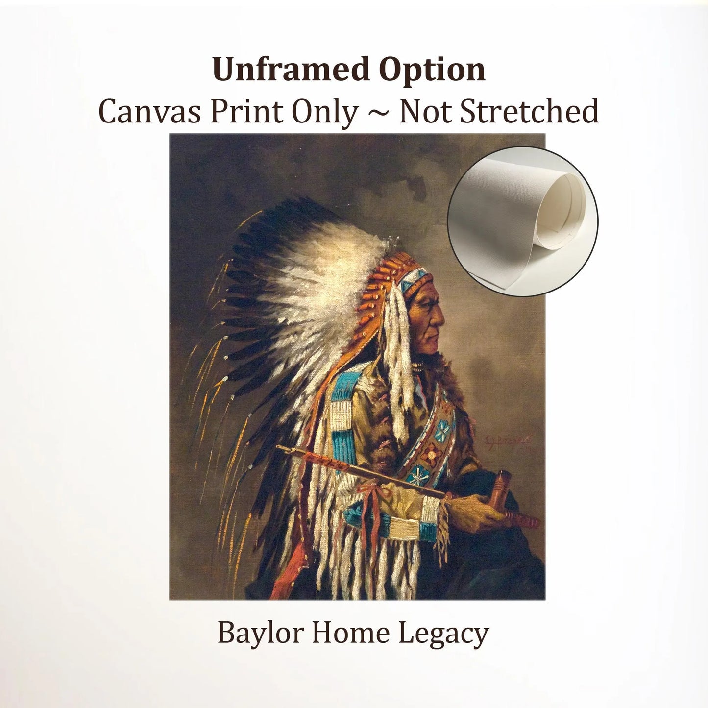 Framed Native American Oil Painting Print on Canvas, Indian Chief Canvas Art Print of Antique Painting, Framed Fine Art Native American Art
