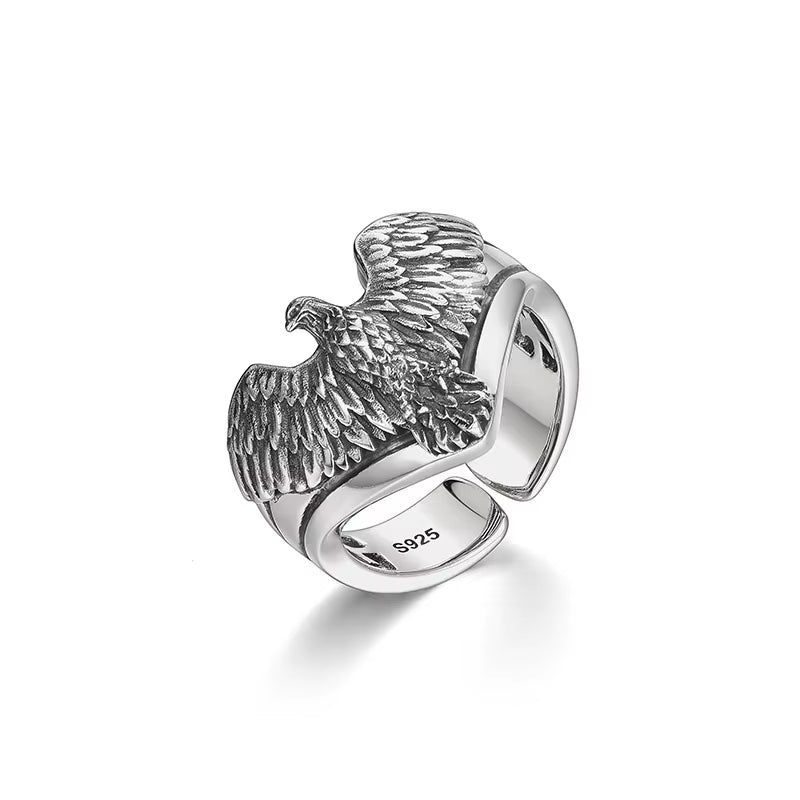 925 Sterling Silver Male Ring Finger Eagle Open Ring for Women Men Fashion Unique Animal Punk Fine Jewelry Circle Gift