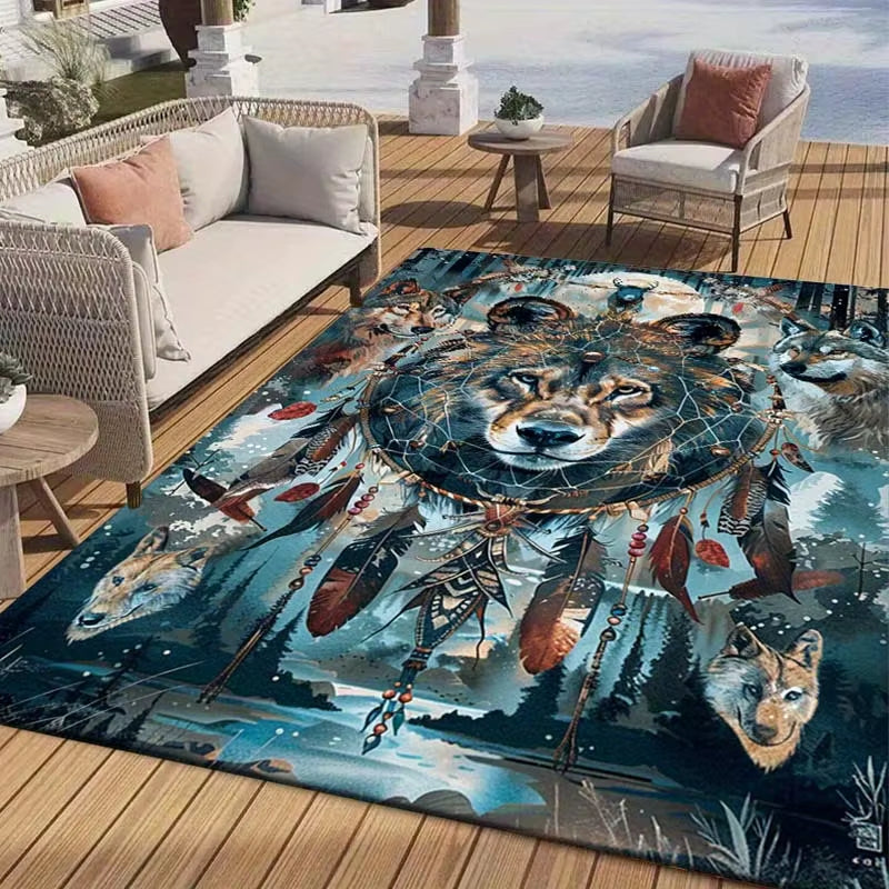 Dream Catcher Wolf Area Rug Polyester, Non-Slip Carpet Chair Mats for Office and Home, Indian Wolf Spider Pattern, Versat