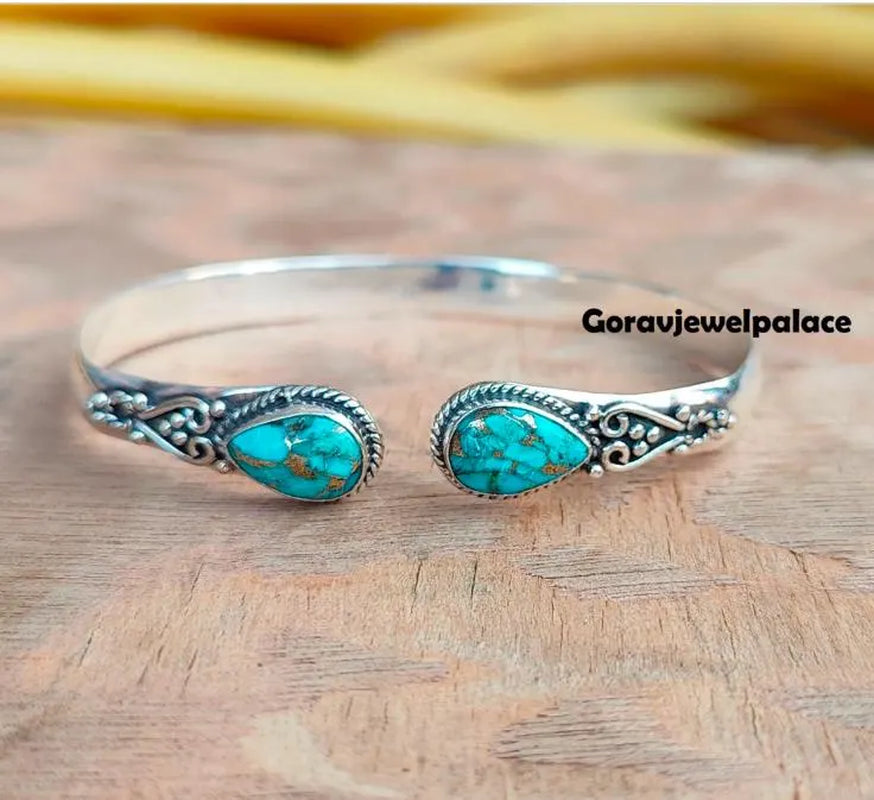 Handmade Turquoise 925 Silver Bangle: Adjustable Cuff Bracelet