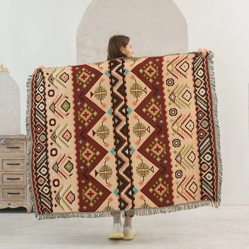 Retro Indian Style Thread Blanket Countryside Geometry Sofa Cobertor Hanging Tapestry Cotton Knitted Sofa Blanket for Bed Travel