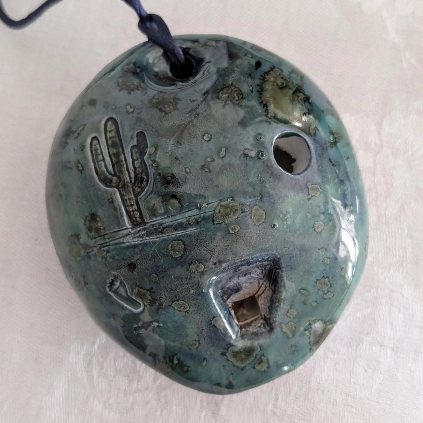 Vintage Artisan-Made 5-Hole Flute, Whistle, Ocarina, Southwest Theme, Snake, Cactus, Footprint
