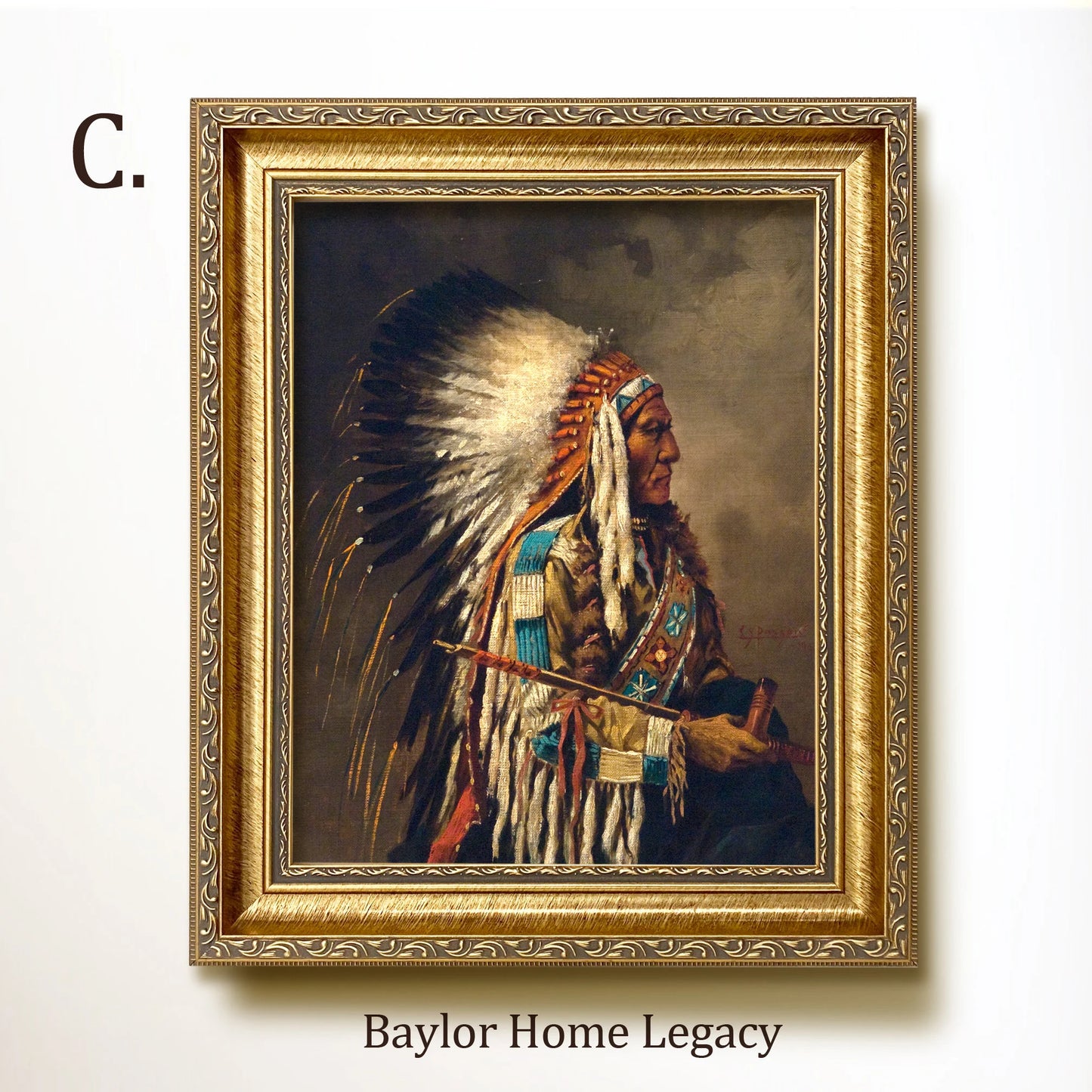Framed Native American Oil Painting Print on Canvas, Indian Chief Canvas Art Print of Antique Painting, Framed Fine Art Native American Art