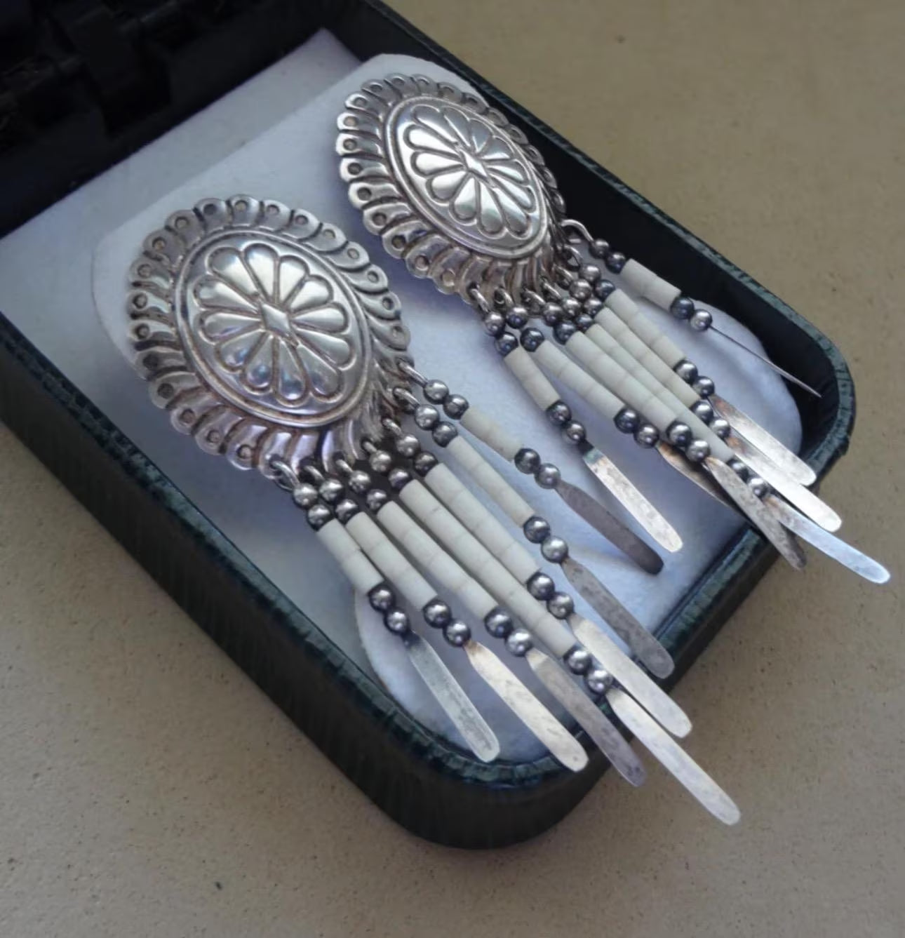 Native American Hammered Sterling Silver Earrings with White Beaded Tassels