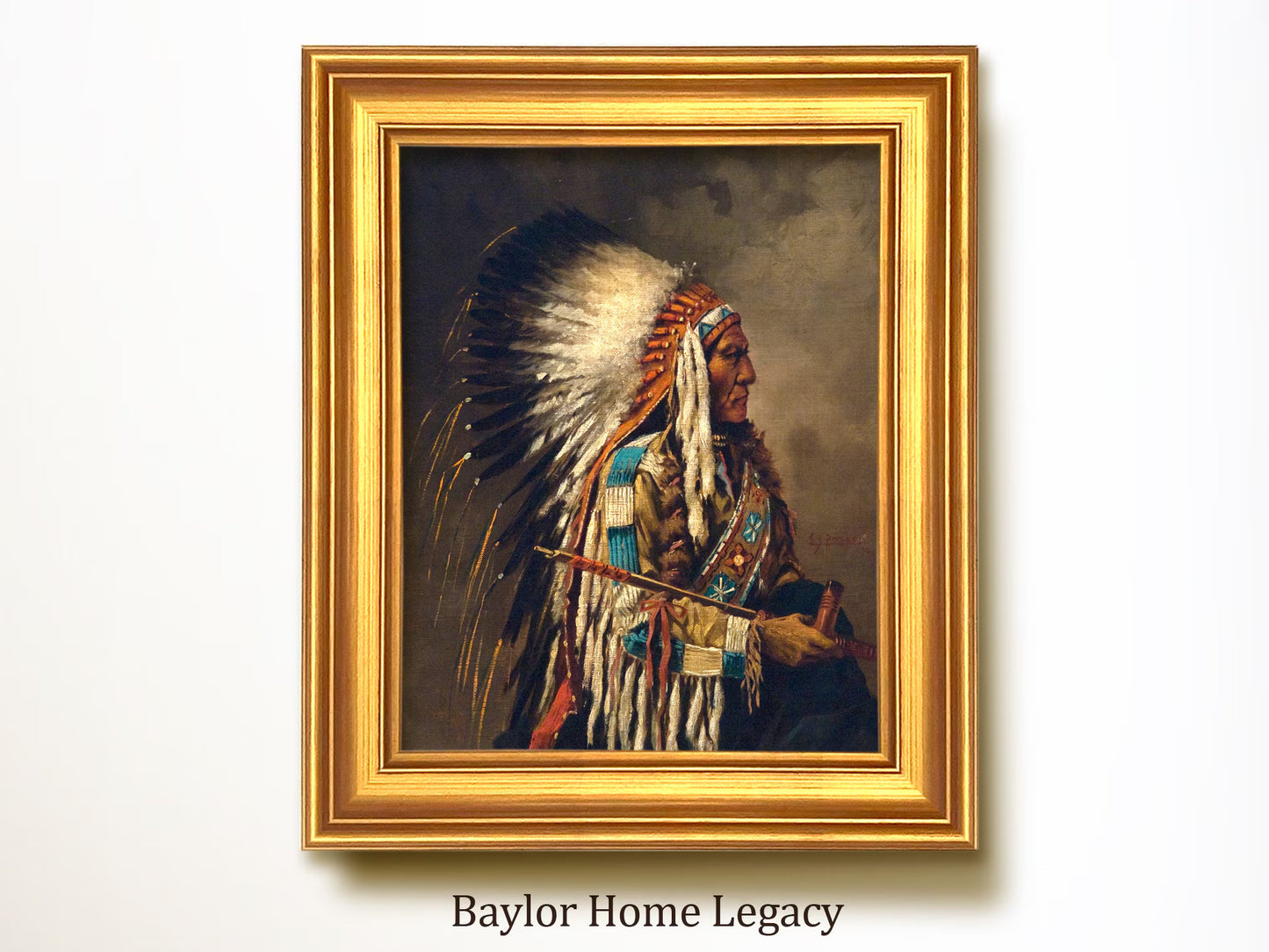 Framed Native American Oil Painting Print on Canvas, Indian Chief Canvas Art Print of Antique Painting, Framed Fine Art Native American Art