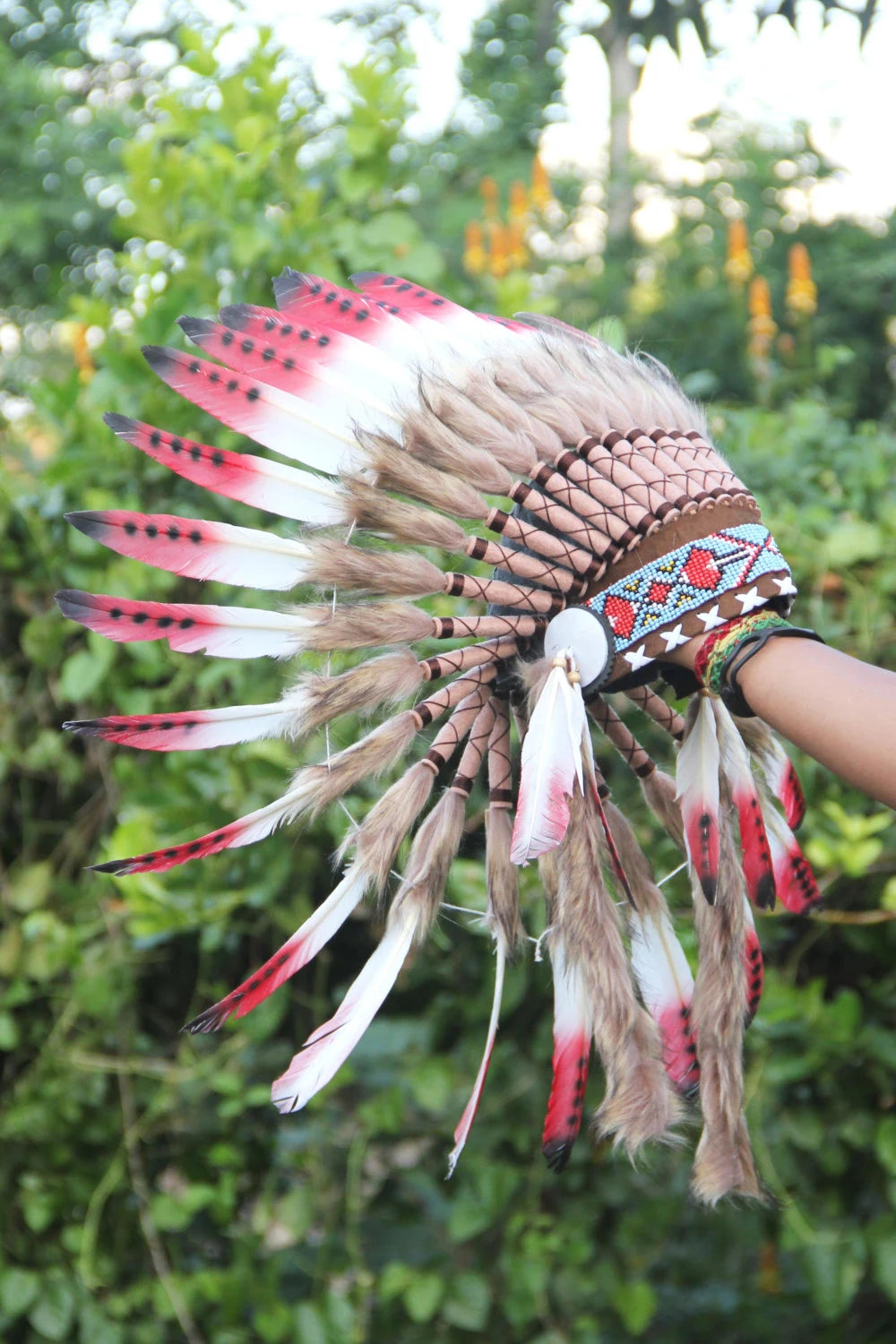 Indian Headdress Replica, White and Red Feathers Short Length