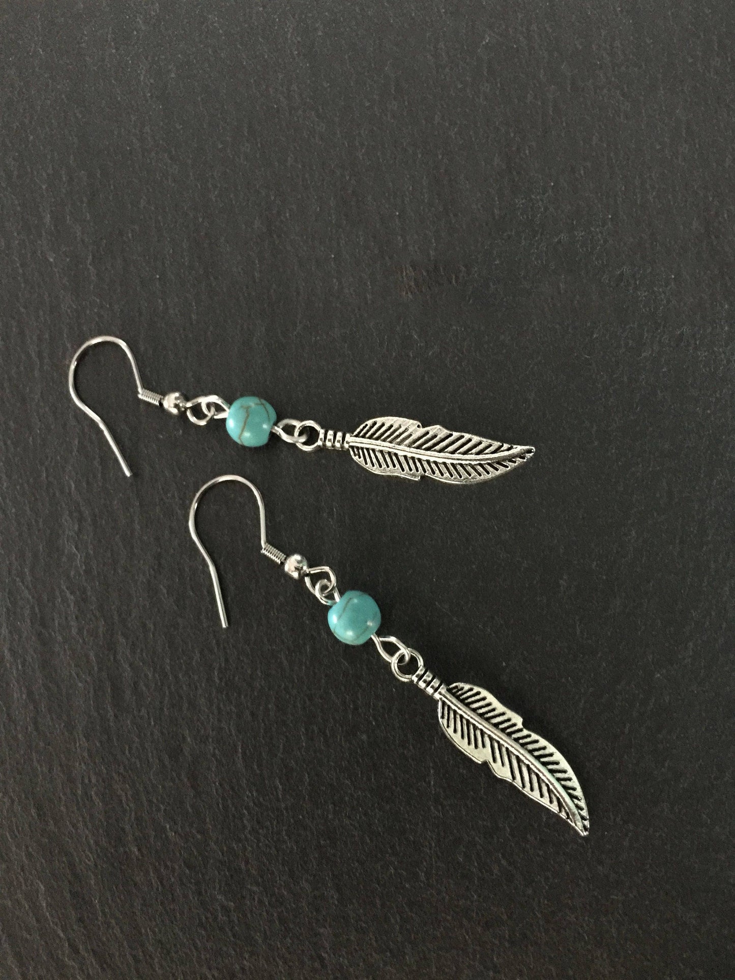 Native American Earrings, Silver Feather, Leaf, Turquoise Jewellery, Ethnic, Bohemian, Boho, Tribal, Hypoallergenic, Sterling Silver