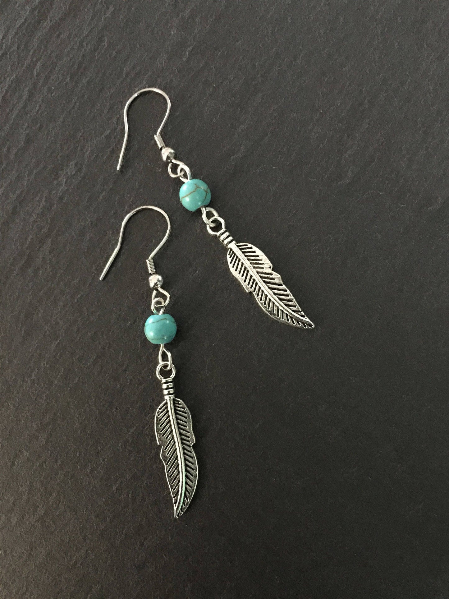 Native American Earrings, Silver Feather, Leaf, Turquoise Jewellery, Ethnic, Bohemian, Boho, Tribal, Hypoallergenic, Sterling Silver