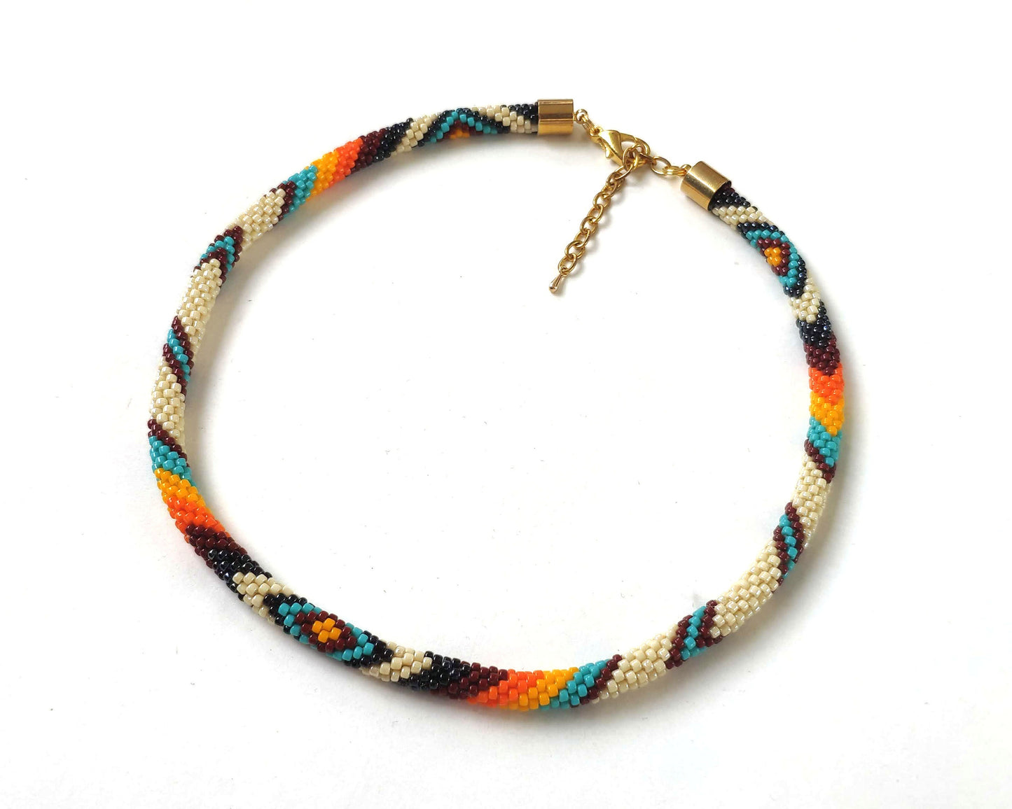 Native Style Thin Rope Necklace, Ethnic Crochet Bead Jewelry, Traditional Colors