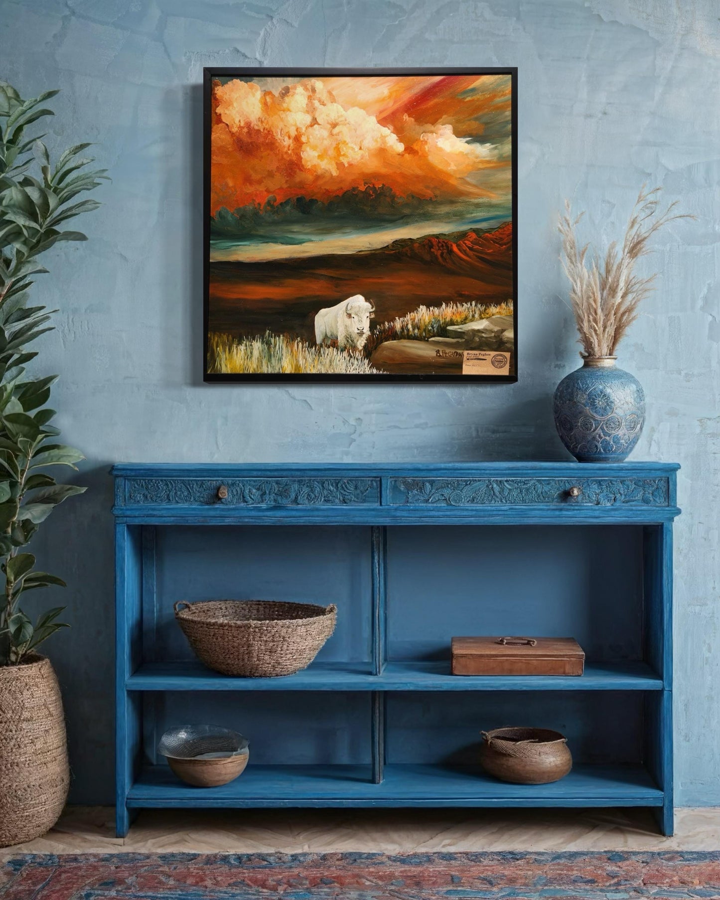 Original Oil Painting Print, Solitary White Buffalo Cresting Hill above the Prairie, Storm Clouds Burst over Mountains, Buffalo Roams Plains
