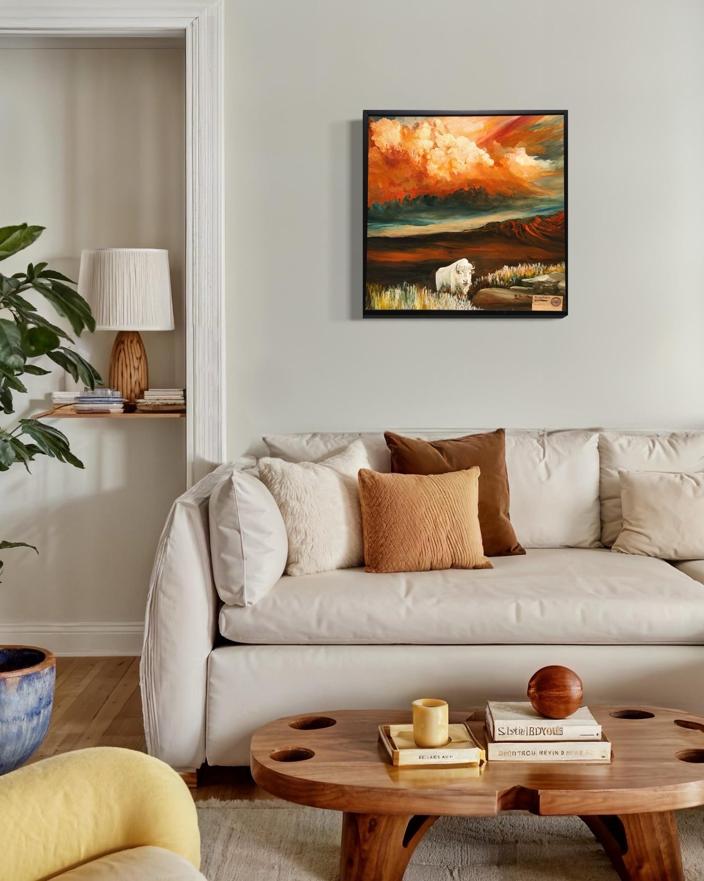 Original Oil Painting Print, Solitary White Buffalo Cresting Hill above the Prairie, Storm Clouds Burst over Mountains, Buffalo Roams Plains