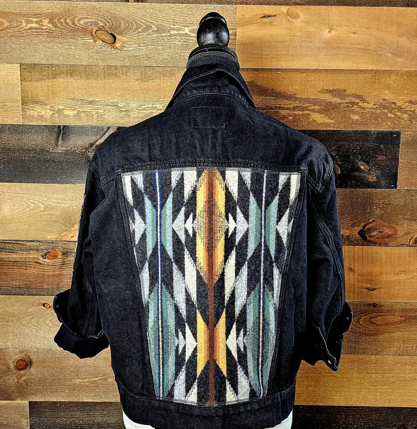 Black Denim Jacket, Jean Jacket, Western Outerwear, Upcycled Coat with Back Panel Patches, Wyeth Trail, Wool Patches, Cowgirl Gifts, Rodeo