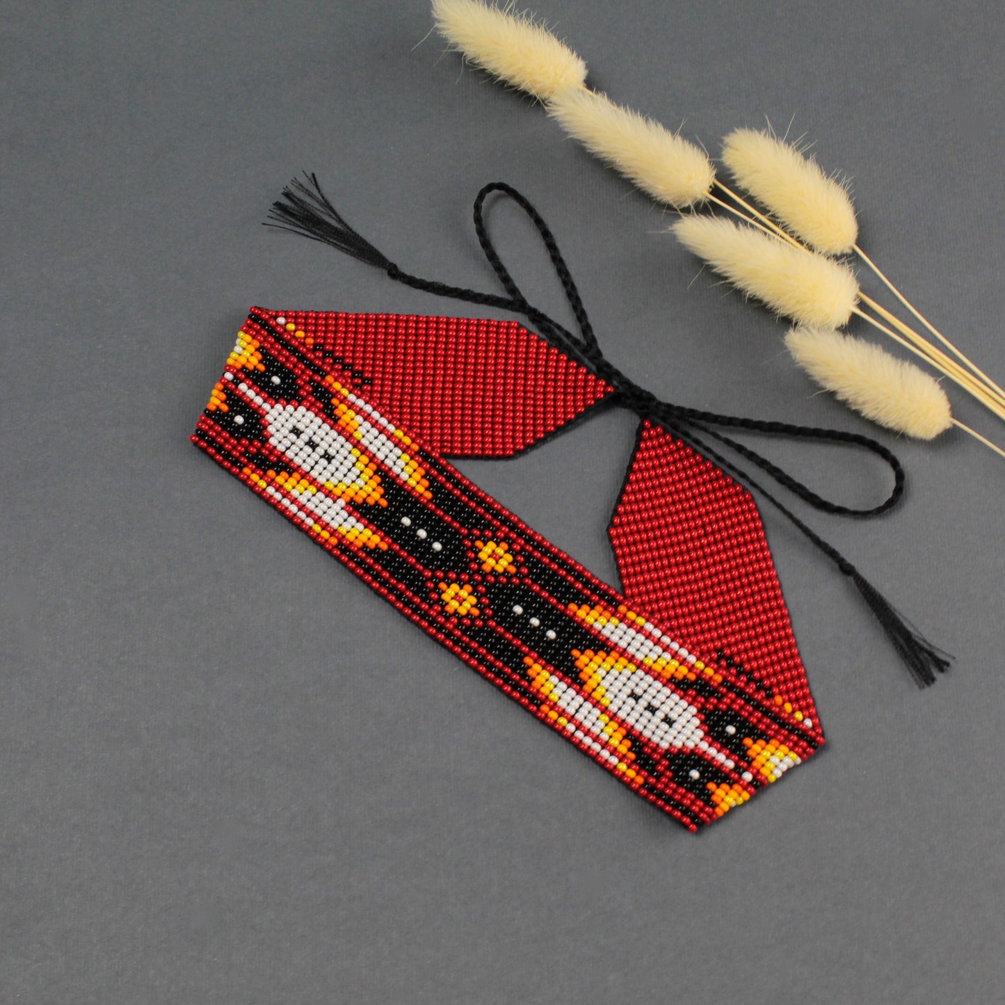 Red Beaded Choker Necklace: Feather Design, Czech Beads