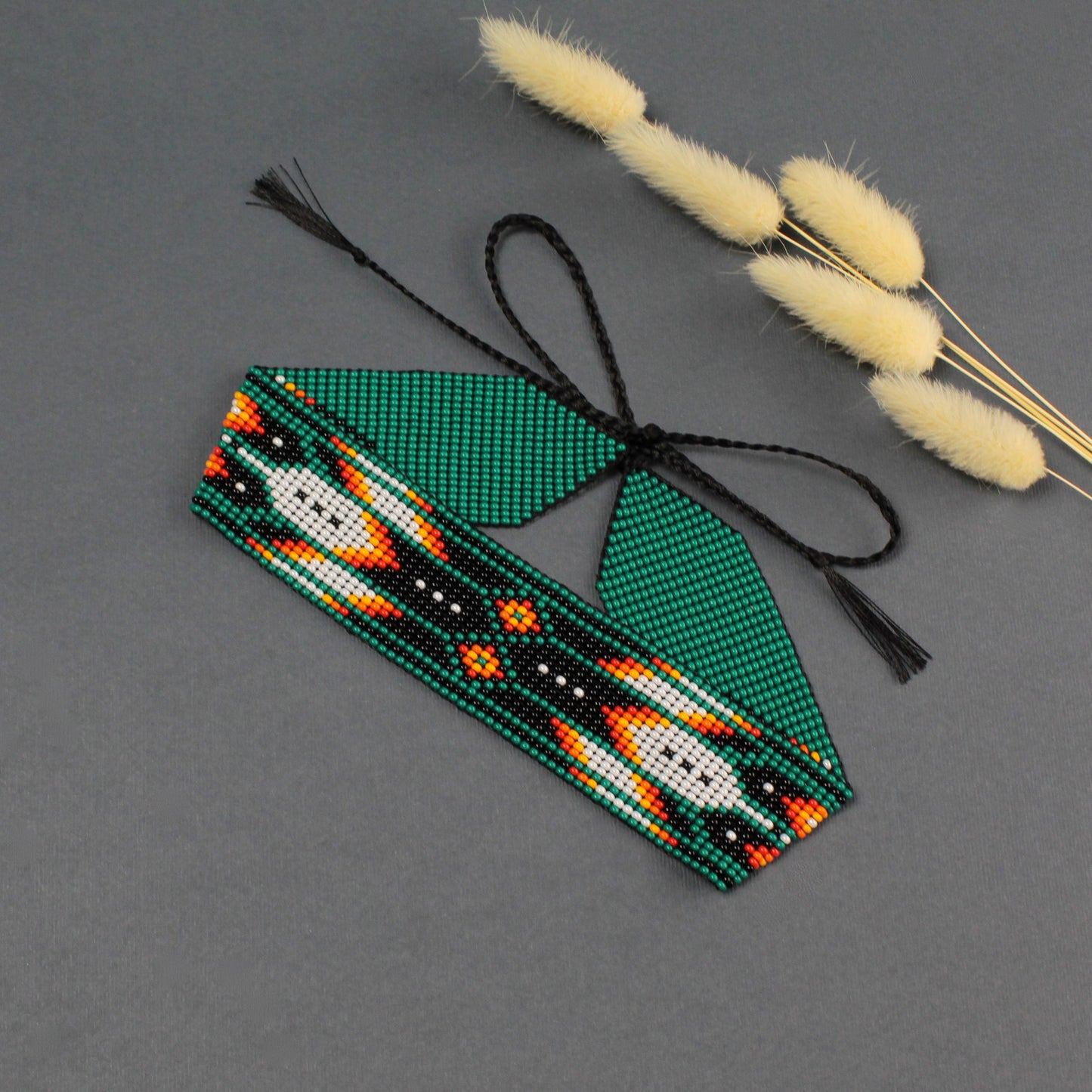 Red Beaded Choker Necklace: Feather Design, Czech Beads
