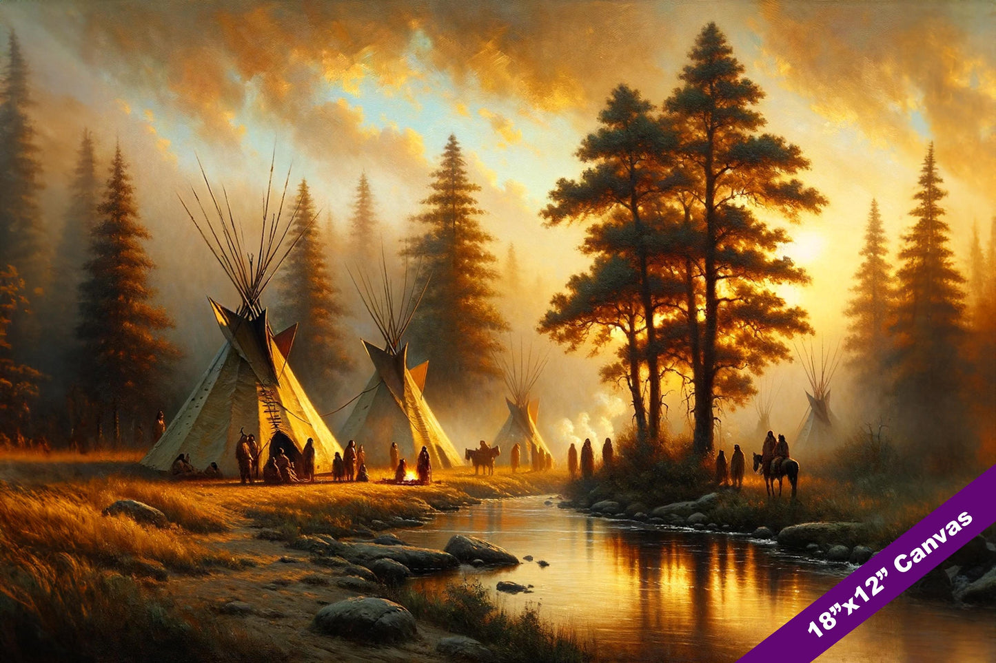 Native American Indian Tribe Camp Sunset Painting Real Canvas Art Print 12"X18"
