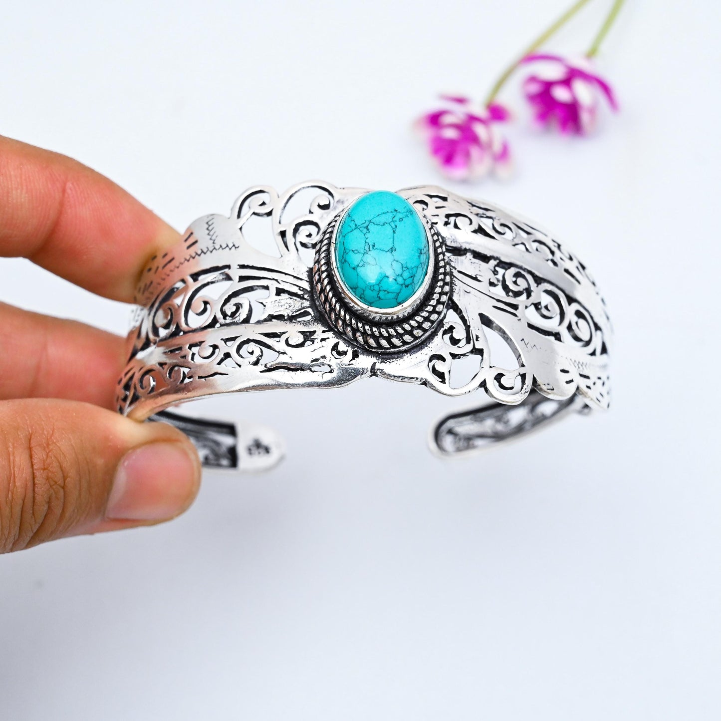 Turquoise Bangle 925 Sterling Silver Bangle Turquoise Bracelet Adjustable Handmade Bangle Turquoise Gemstone Bracelet Best Friend Gifts