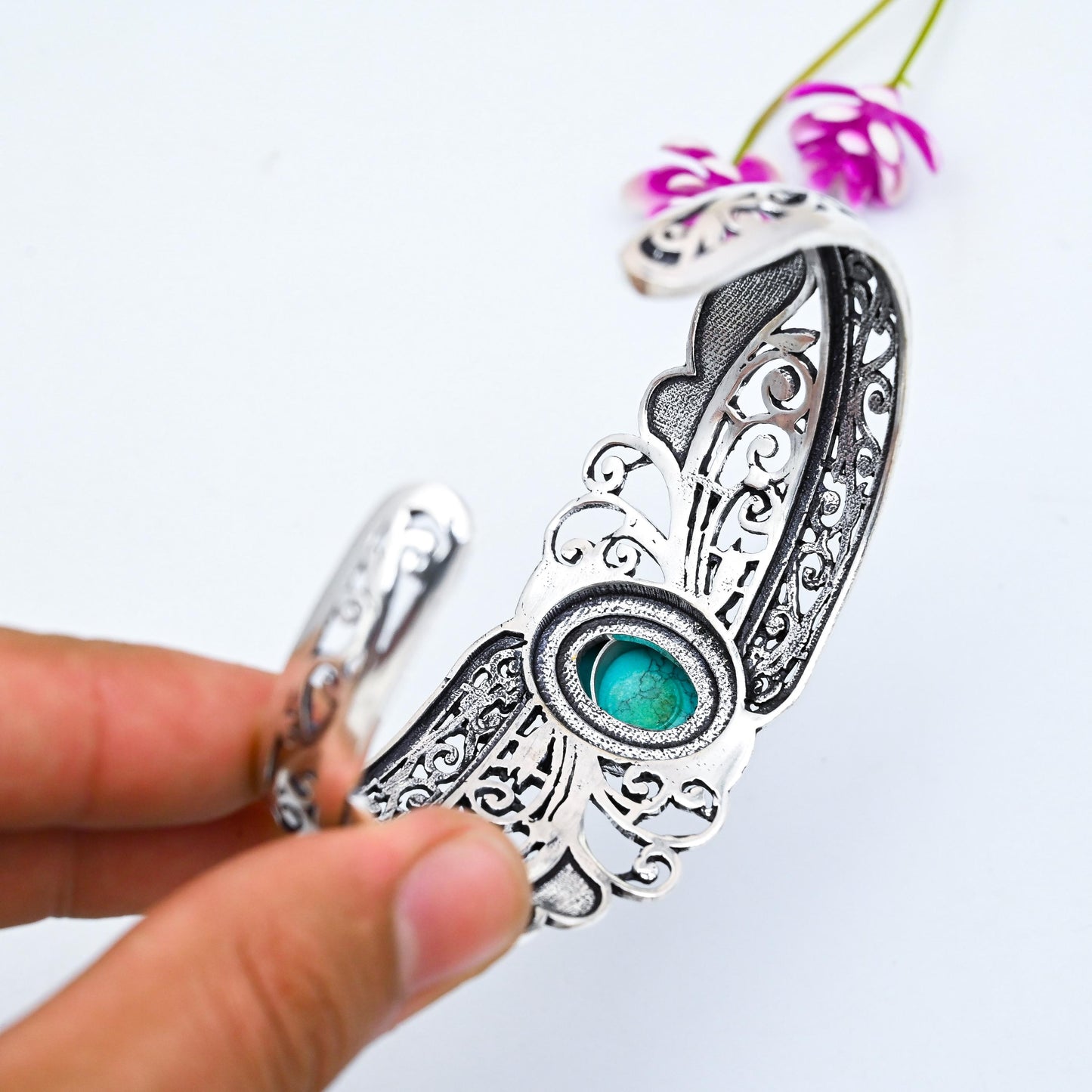 Turquoise Bangle 925 Sterling Silver Bangle Turquoise Bracelet Adjustable Handmade Bangle Turquoise Gemstone Bracelet Best Friend Gifts
