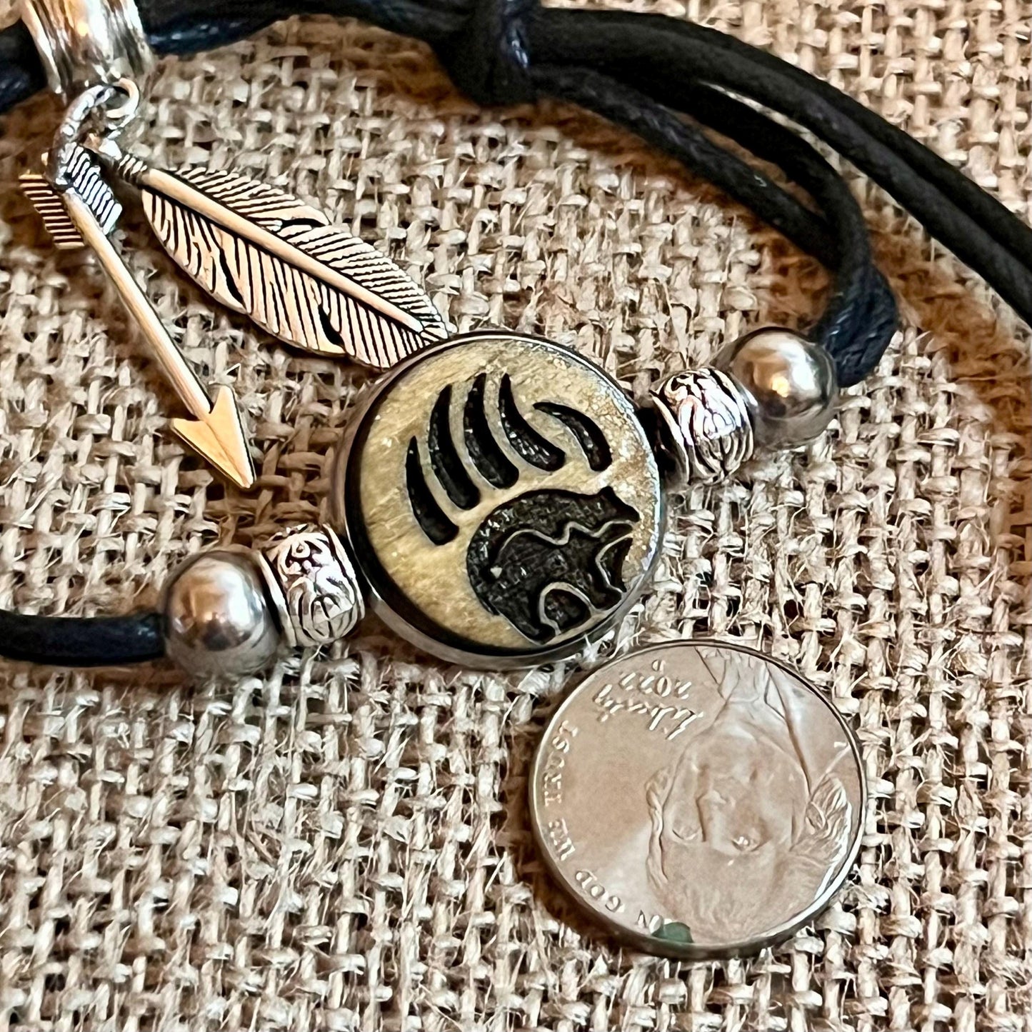 Native American Bear Symbol Wood Engraved Metal Bezel Pendant Adjustable Black Cord Bracelet with Metal Beads and Charms