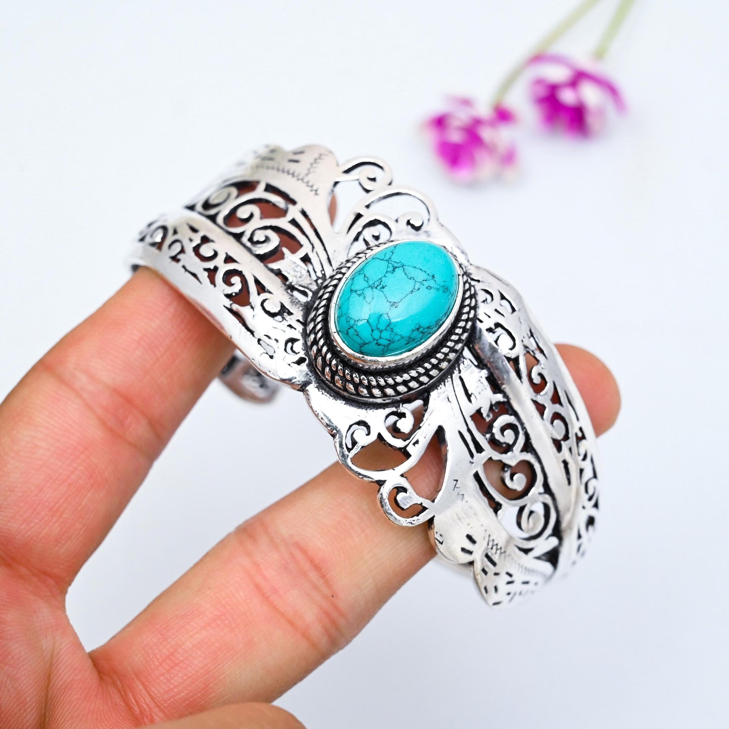 Turquoise Bangle 925 Sterling Silver Bangle Turquoise Bracelet Adjustable Handmade Bangle Turquoise Gemstone Bracelet Best Friend Gifts