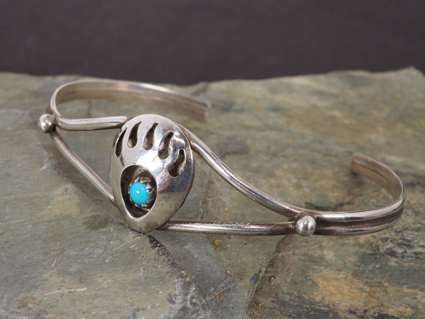 Vintage Native American Sterling Silver and Turquoise Bear Paw Cuff Bracelet 6 1/4" Signed L
