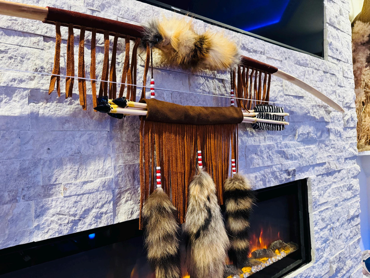 A Powerful Native Ceremonial Indian Fox Bow and Arrow Set Made by Enrolled Member of the Cherokee Tribe 68” with 5 Arrows and Quiver