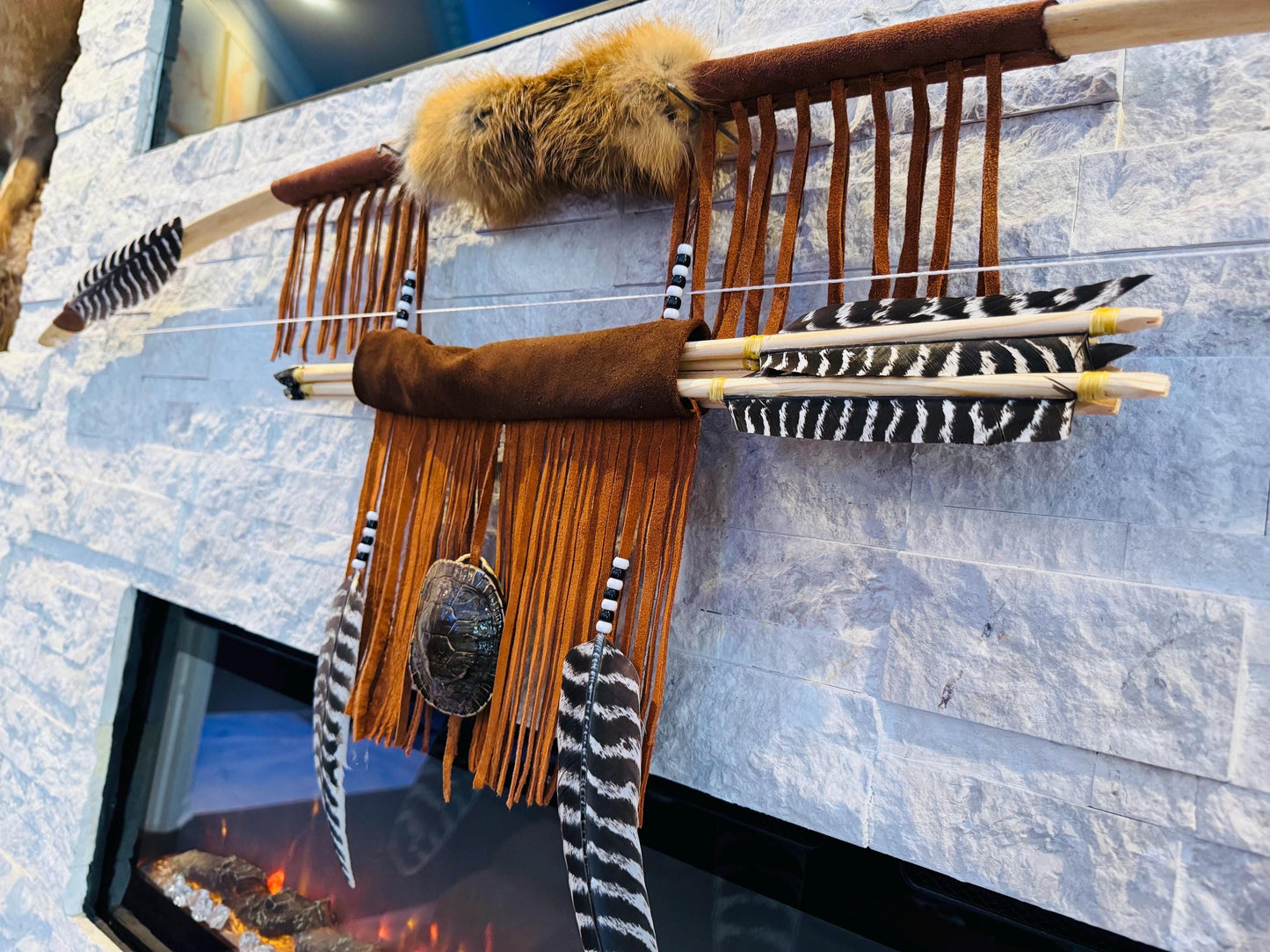 A Powerful Native Ceremonial Indian Fox Turtle Bow and Arrow Set Made by Enrolled Member of the Cherokee Tribe 68” with 5 Arrows and Quiver
