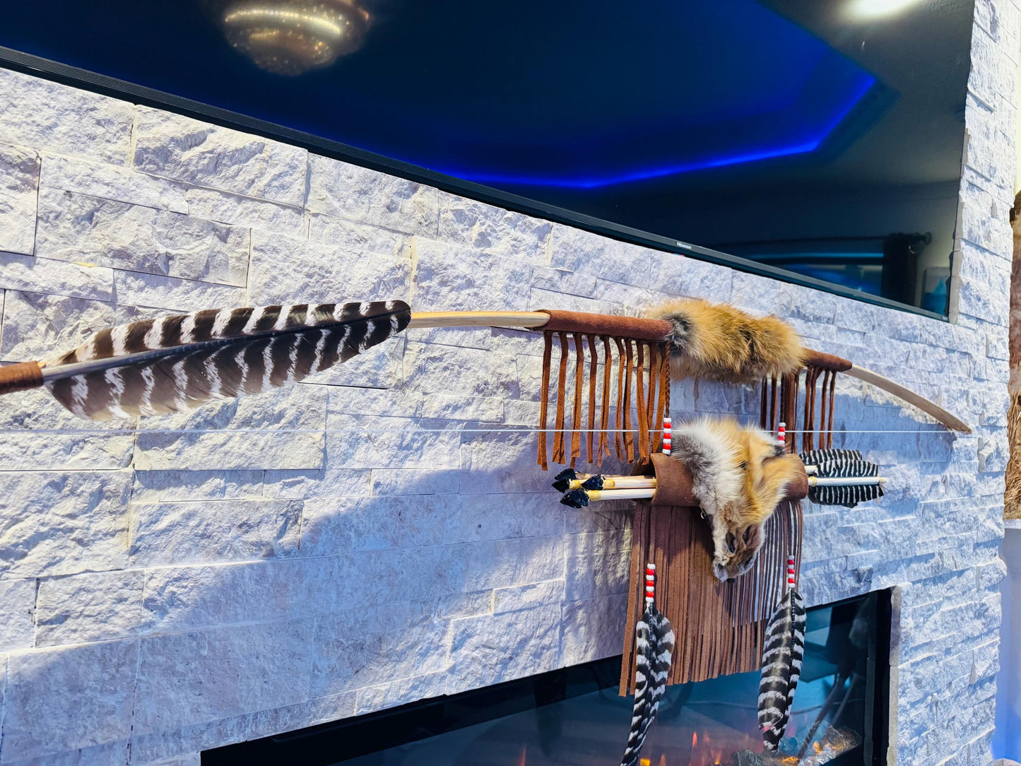 A Powerful Native Ceremonial Indian Fox Bow and Arrow Set Made by Enrolled Member of the Cherokee Tribe 68” with 5 Arrows and Quiver