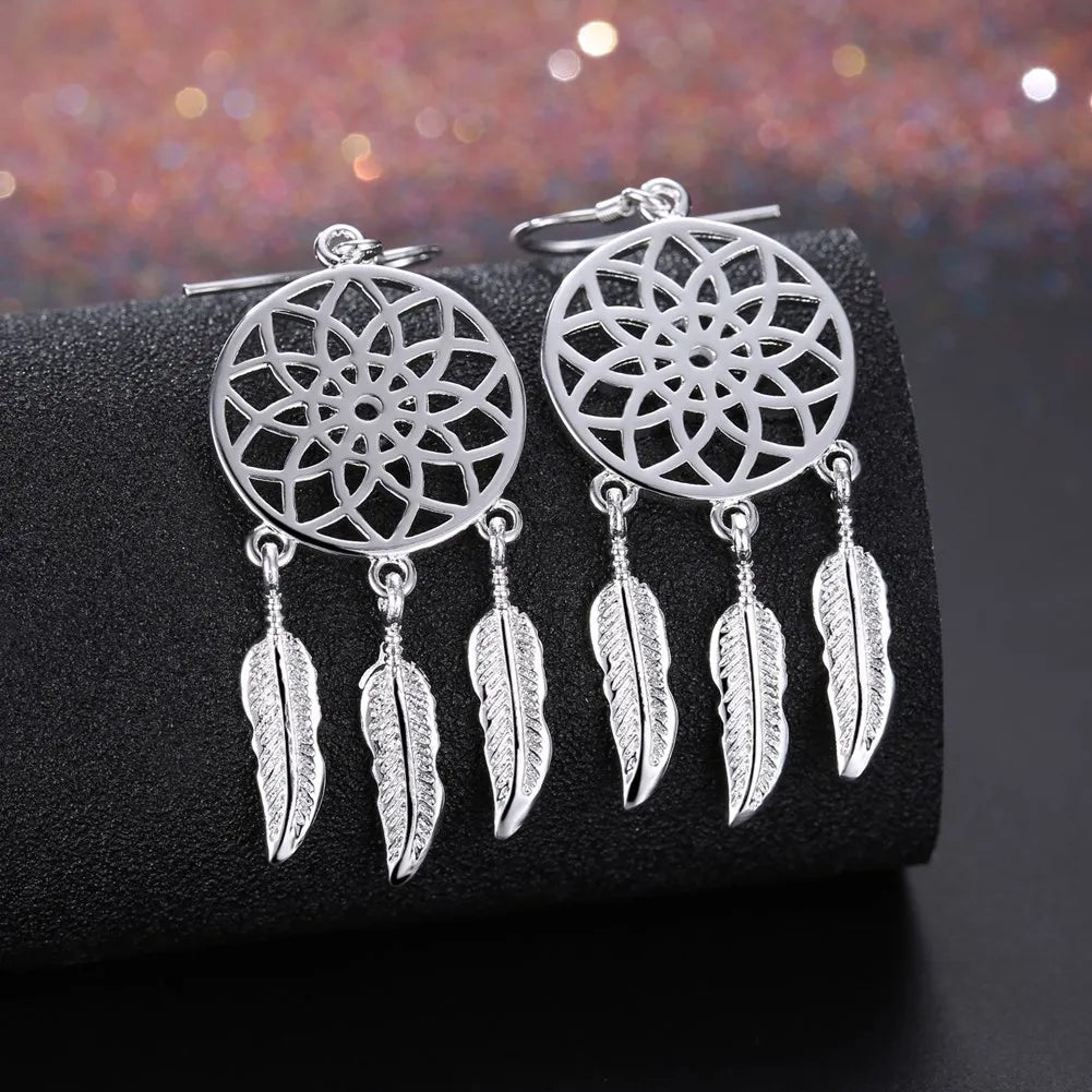 Hot High Quality 925 Sterling Silver Dream Catcher Feathers Earrings for Women Fashion Party Wedding Accessories Jewelry Gifts