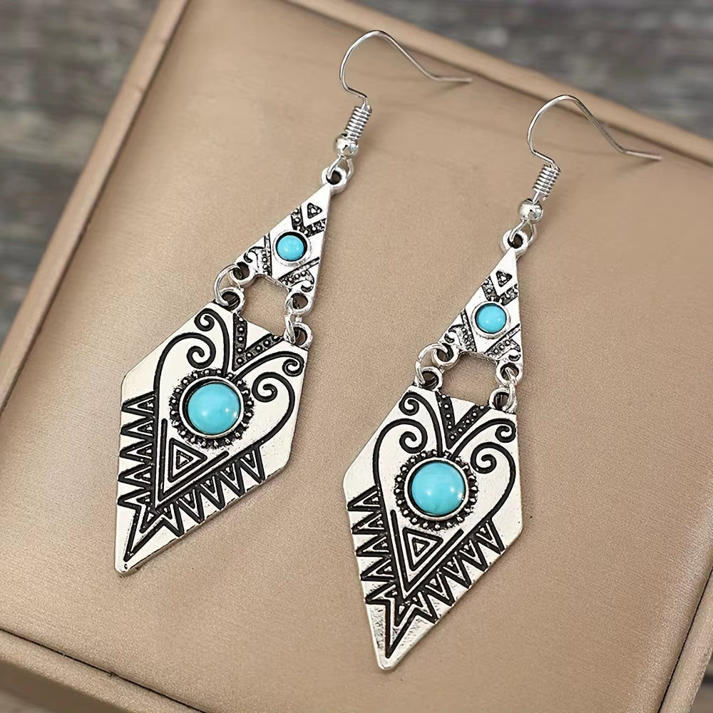 Vintage Bohemian Creative Geometric Rhombus Synthetic Turquoise Handmade Earrings, Alloy Female Wedding Couple Holiday Jewelry