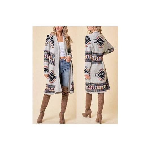 Boho Aztec Tribal Cowichan Southwestern Knit Long Cardigan Sweater Duster Coat Top Western Fall Winter Women'S Outerwear