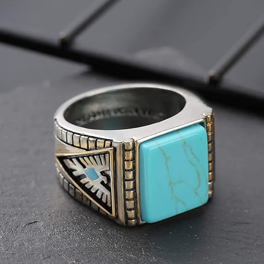 Vintage Eagle Turquoise Ring for Men Hand Carved Classic Eagle Ring Bohemian Natural Stone Ring Bohemian Turquoise Jewelry Chic