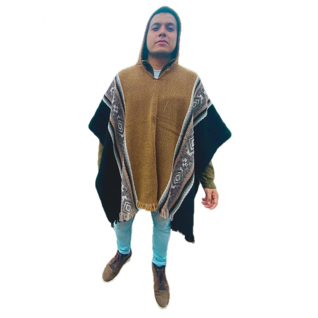 Handmade Wool Poncho: Geometric Tribal Design Hooded Cape