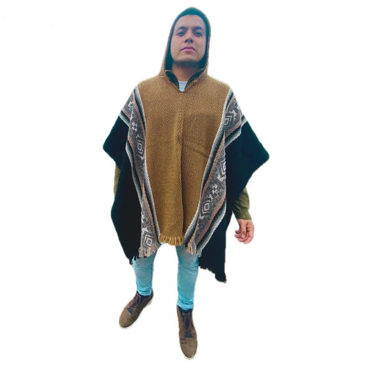 Handmade Wool Poncho: Geometric Tribal Design Hooded Cape