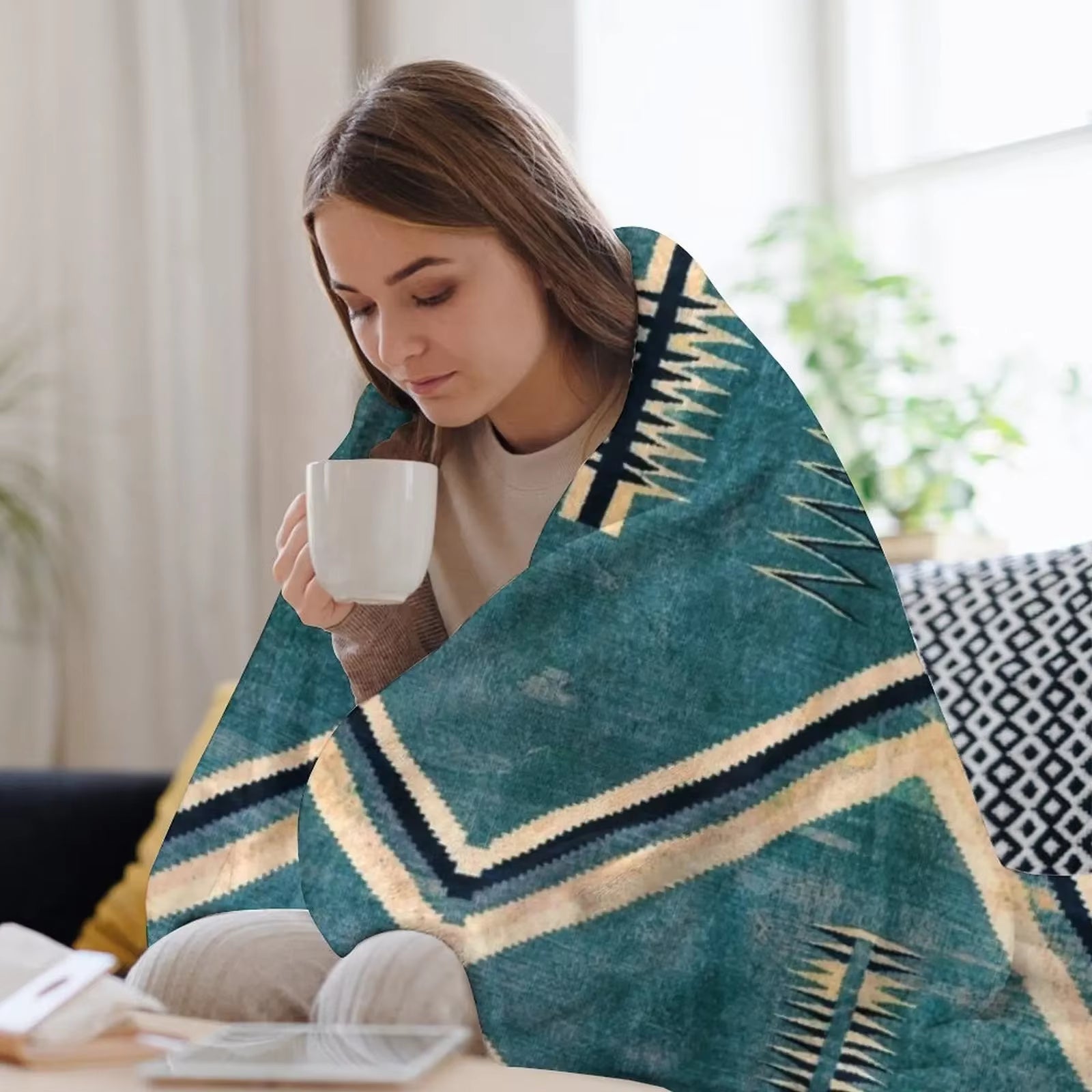 NATIVE AMERICAN 130 YEAR OLD BLANKET - 2021 COLORIZED - BURNT TURQUIOSE Throw Blanket for Winter Anime Designers Kid'S Blankets