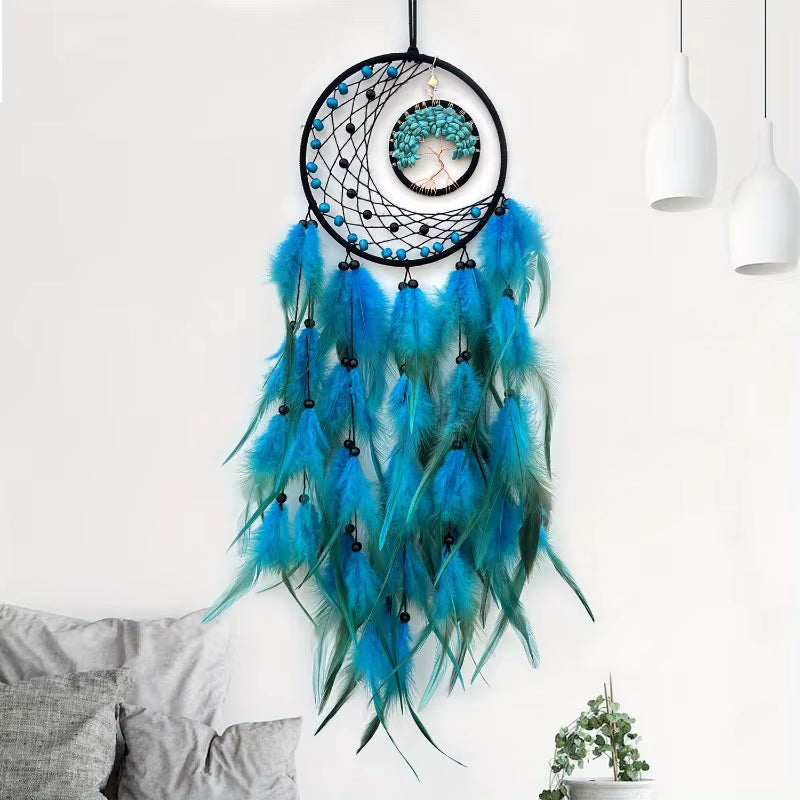 1Pcs Polychrome Feather Pendants, Handmade Woven Life Tree Dream Catcher Wall Decorations, Room Decoration Crafts