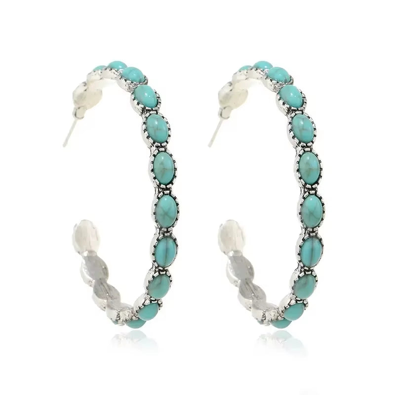 Western Jewelry Bohemian Vintage Simulated Turquoise C-Shaped Large Circle Earrings for Women Girls