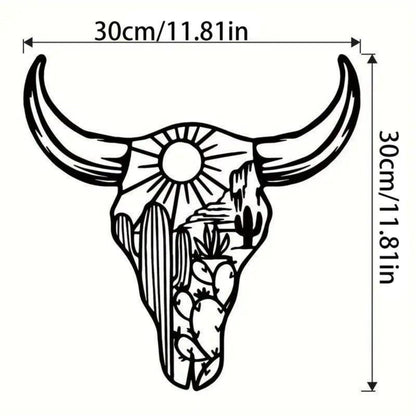 1Pc Decorative Bull Skull Metal Wall Sculpture – Bohemian Long-Horned Water Buffalo Wall Décor, Floral Desert Wall Hanging