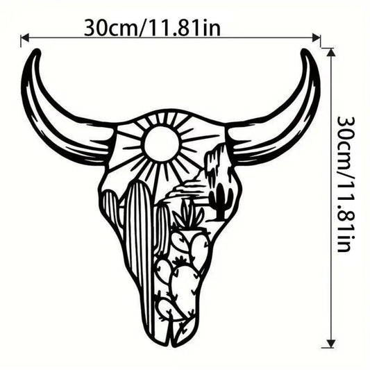 1Pc Decorative Bull Skull Metal Wall Sculpture – Bohemian Long-Horned Water Buffalo Wall Décor, Floral Desert Wall Hanging