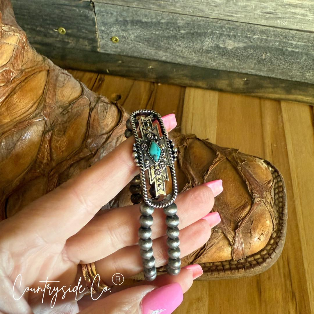 Aztec Bracelet with Navajo Pearls and Turquoise Accent
