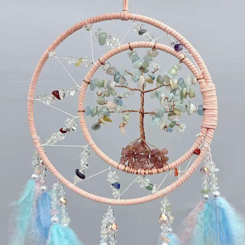 Dream Catcher Crystal Tree of Life Wind Chimes Nordic Hand-Woven Feathers Bedroom Hanging Ornaments Wall Decor Festival Gifts
