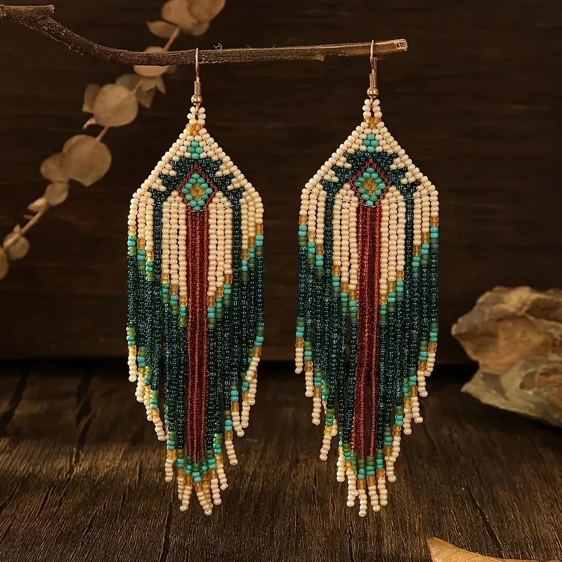 Bohemian Style Long Tassels, Handmade Beaded Earrings, Seed Beads, Geometric Shapes, Earrings, Gifts for Mothers