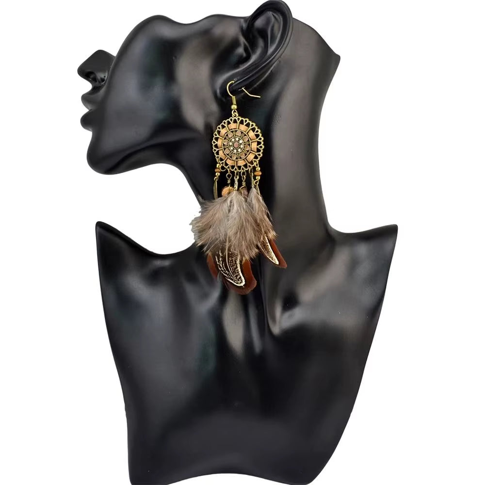 Fashion Long Tassel Brown Feather Bride Wedding Earrings Bohemian Vintage Wooden Beads Dangle Earrings for Women Indian Jewelry