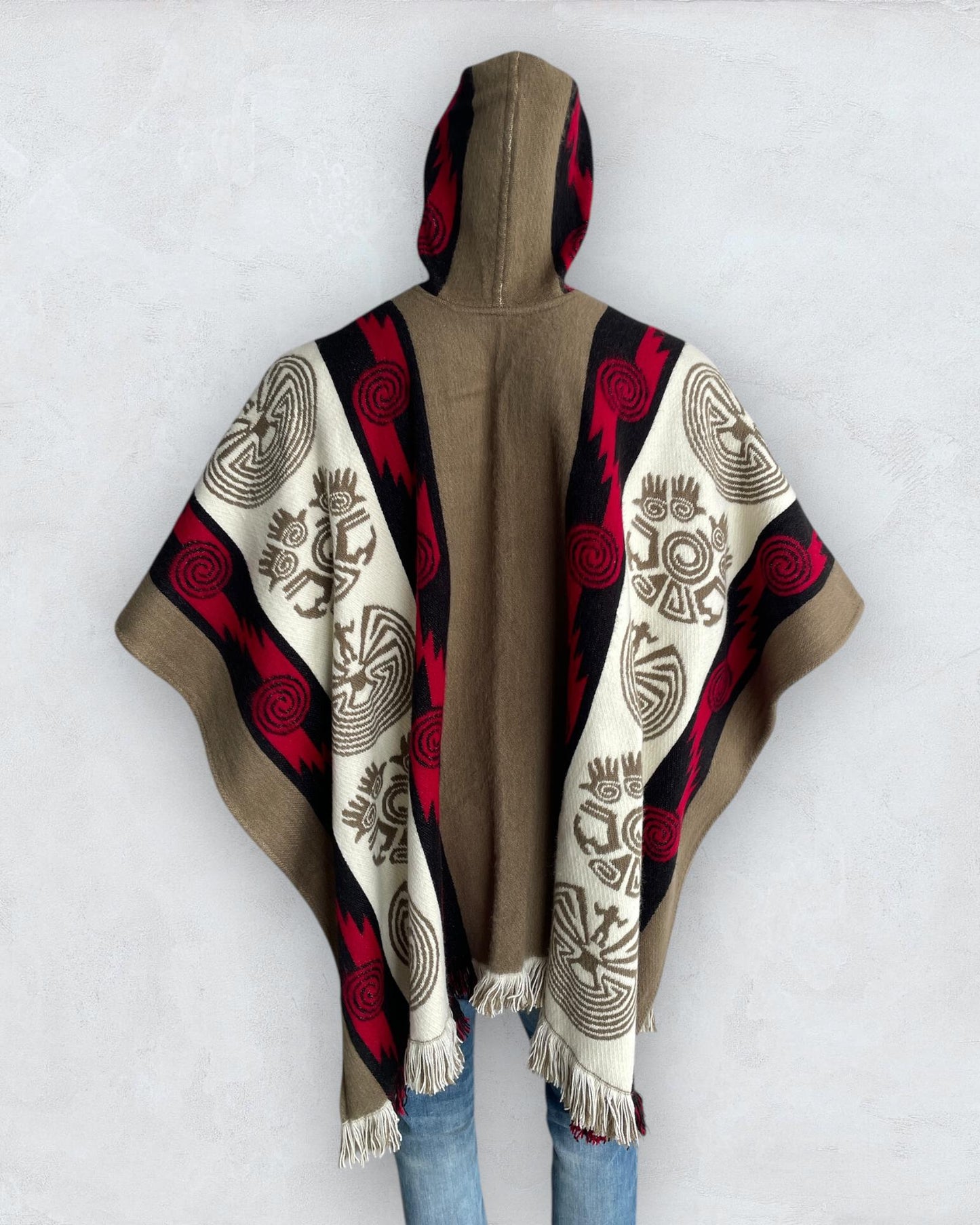 Alpaca Wool Poncho in Beige/Red. Navajo Southwestern Poncho Handcrafted by Indigenous Hands. Soft and Warm with Hood. One Size Unisex Use.