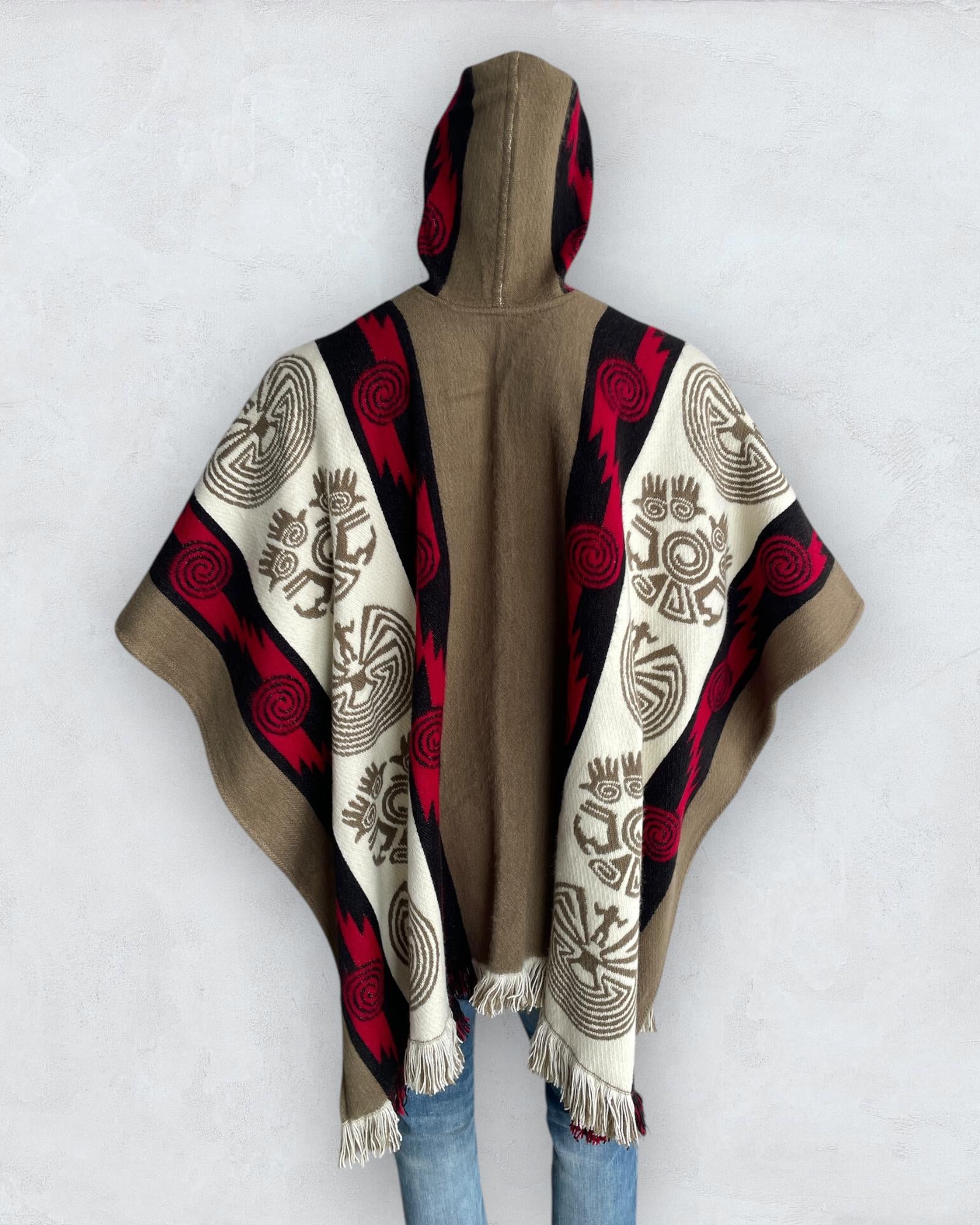 Alpaca Wool Poncho in Beige/Red. Navajo Southwestern Poncho Handcrafted by Indigenous Hands. Soft and Warm with Hood. One Size Unisex Use.