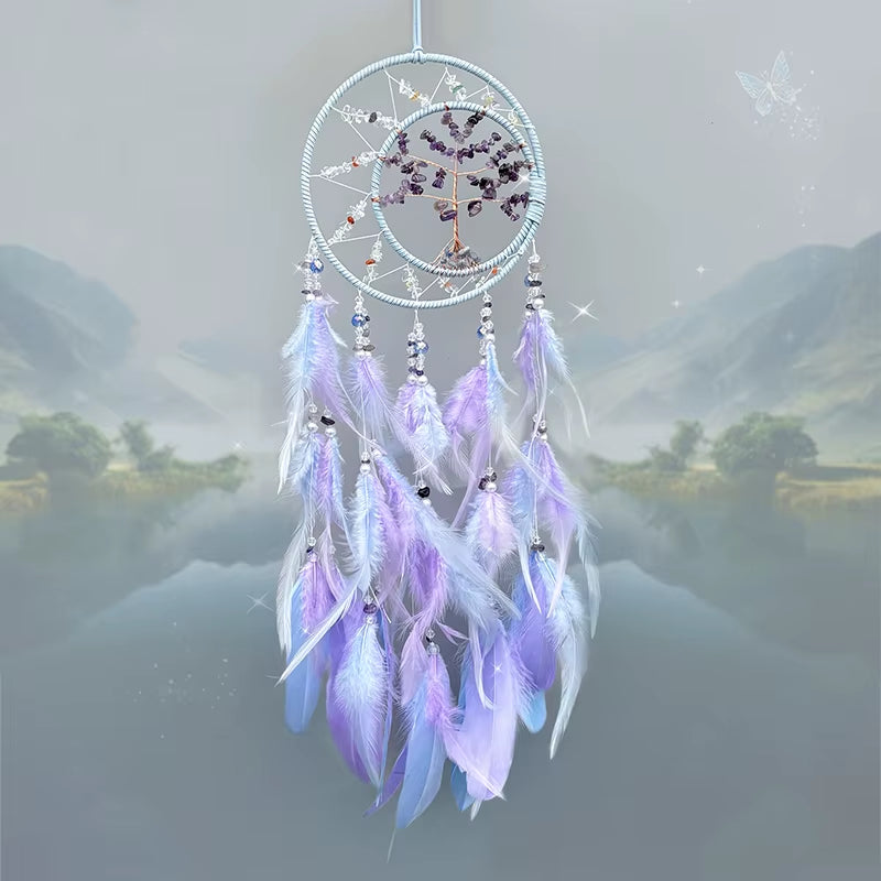 Dream Catcher Crystal Tree of Life Wind Chimes Nordic Hand-Woven Feathers Bedroom Hanging Ornaments Wall Decor Festival Gifts