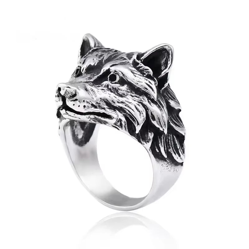 Vintage Wolf Head Men Trend Animal Exaggerated Domineering Hip Hop Personality Open Ring Jewelry